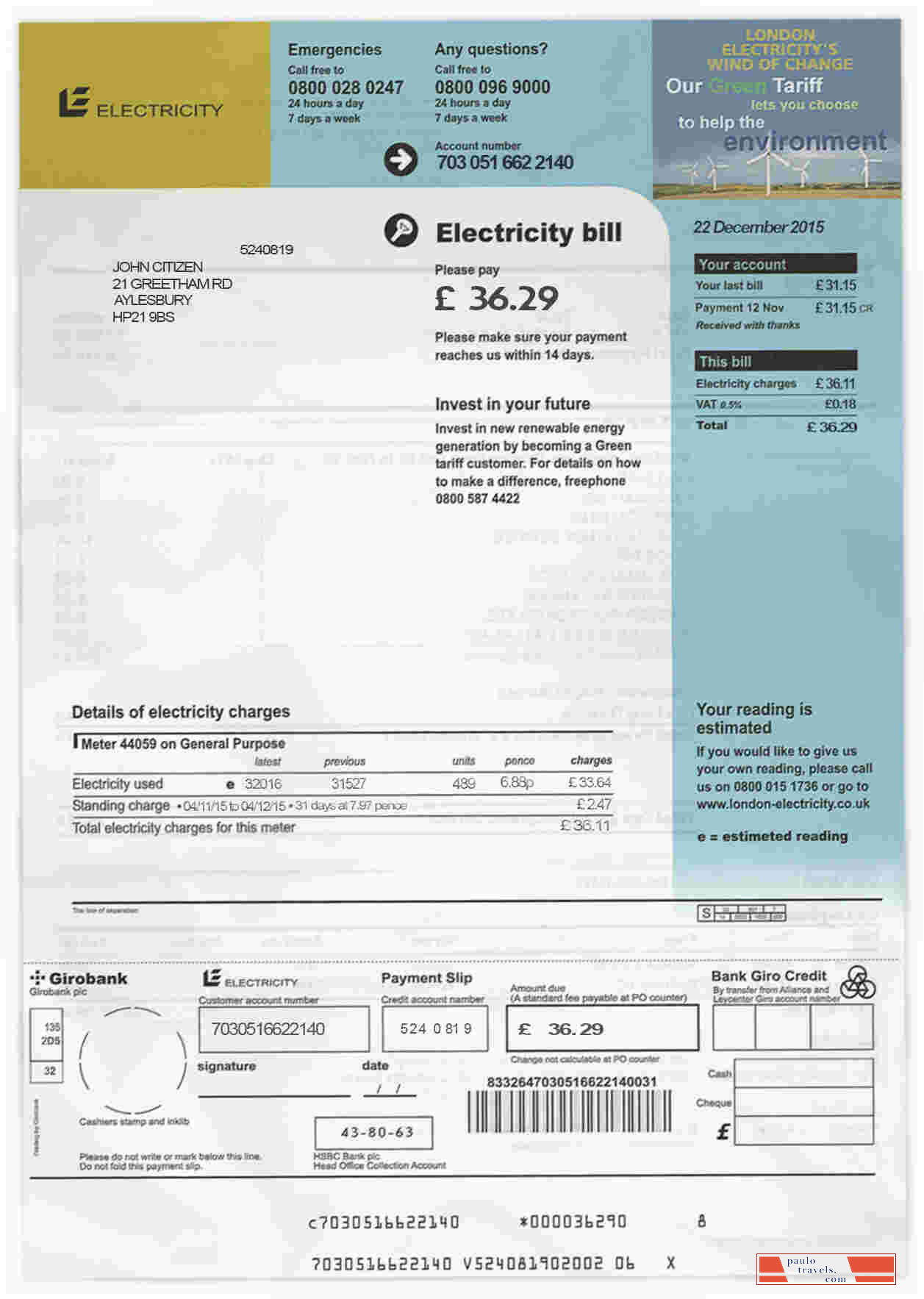 United Kingdom electricity utility bill template in PSD format